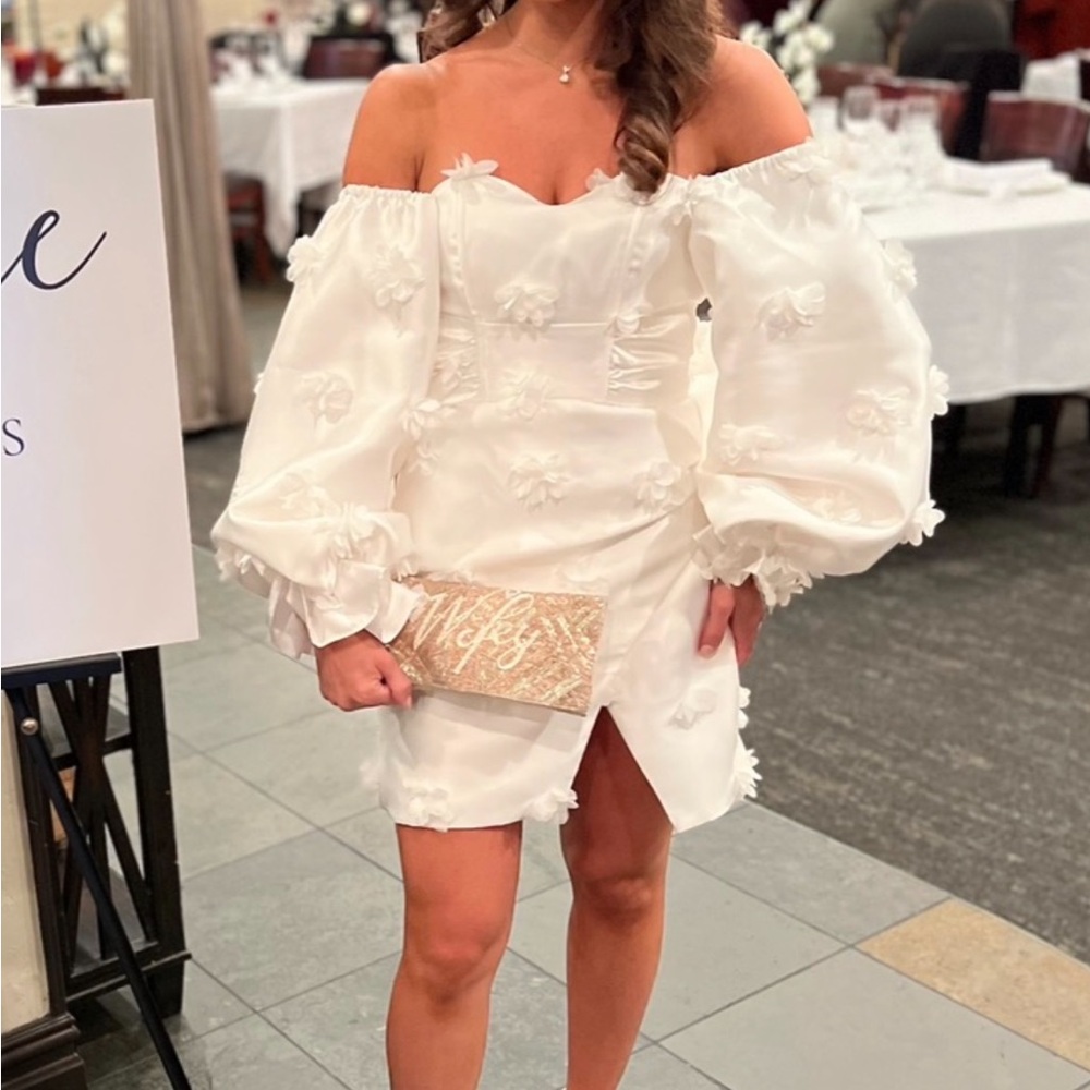 ASOS Luxe off the shoulder satin mini dress with hand embroidered 3D Flowers